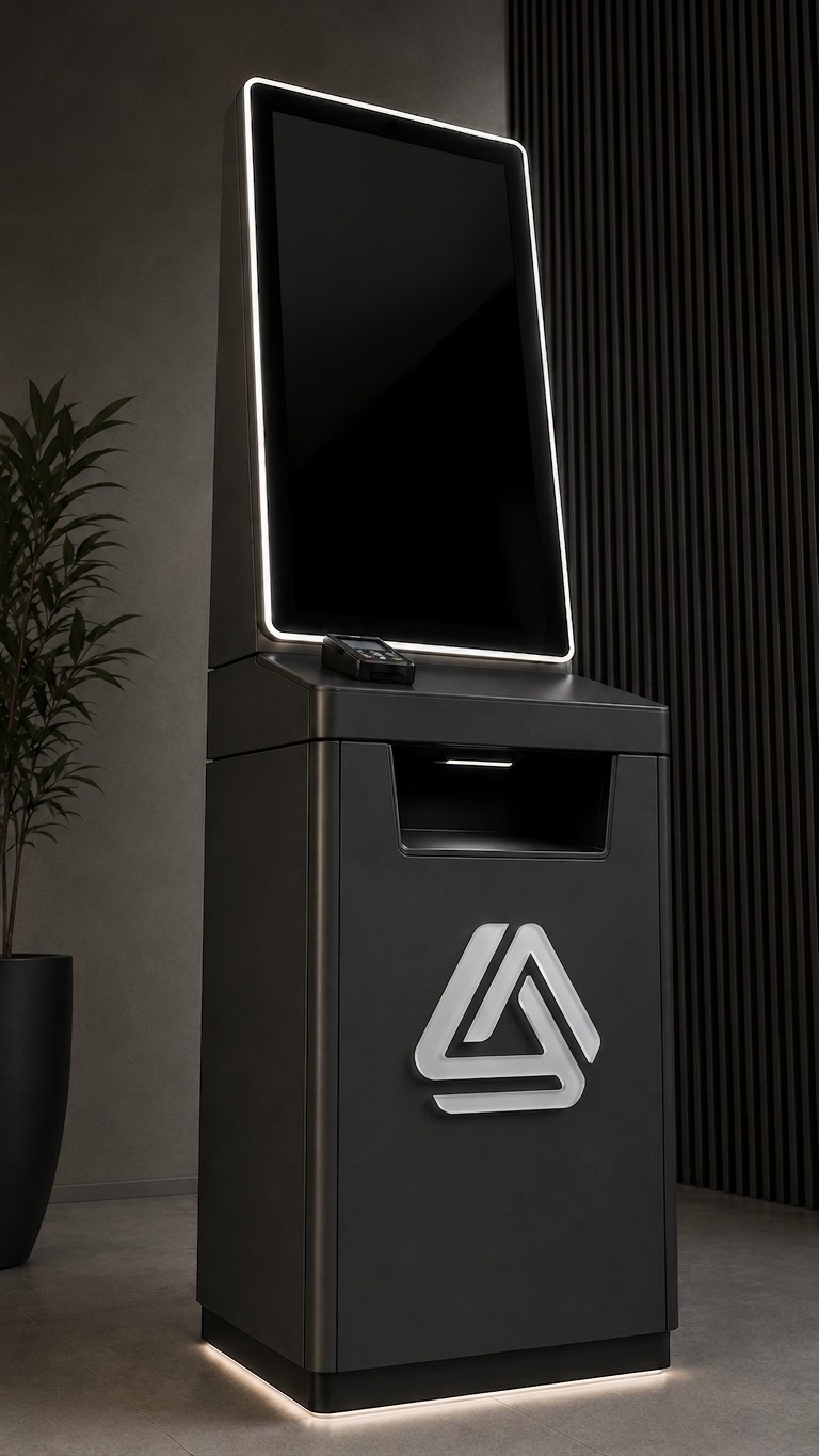 A free-standing printing kiosk with a large upright touchscreen, a card reader and a paper tray below it.
